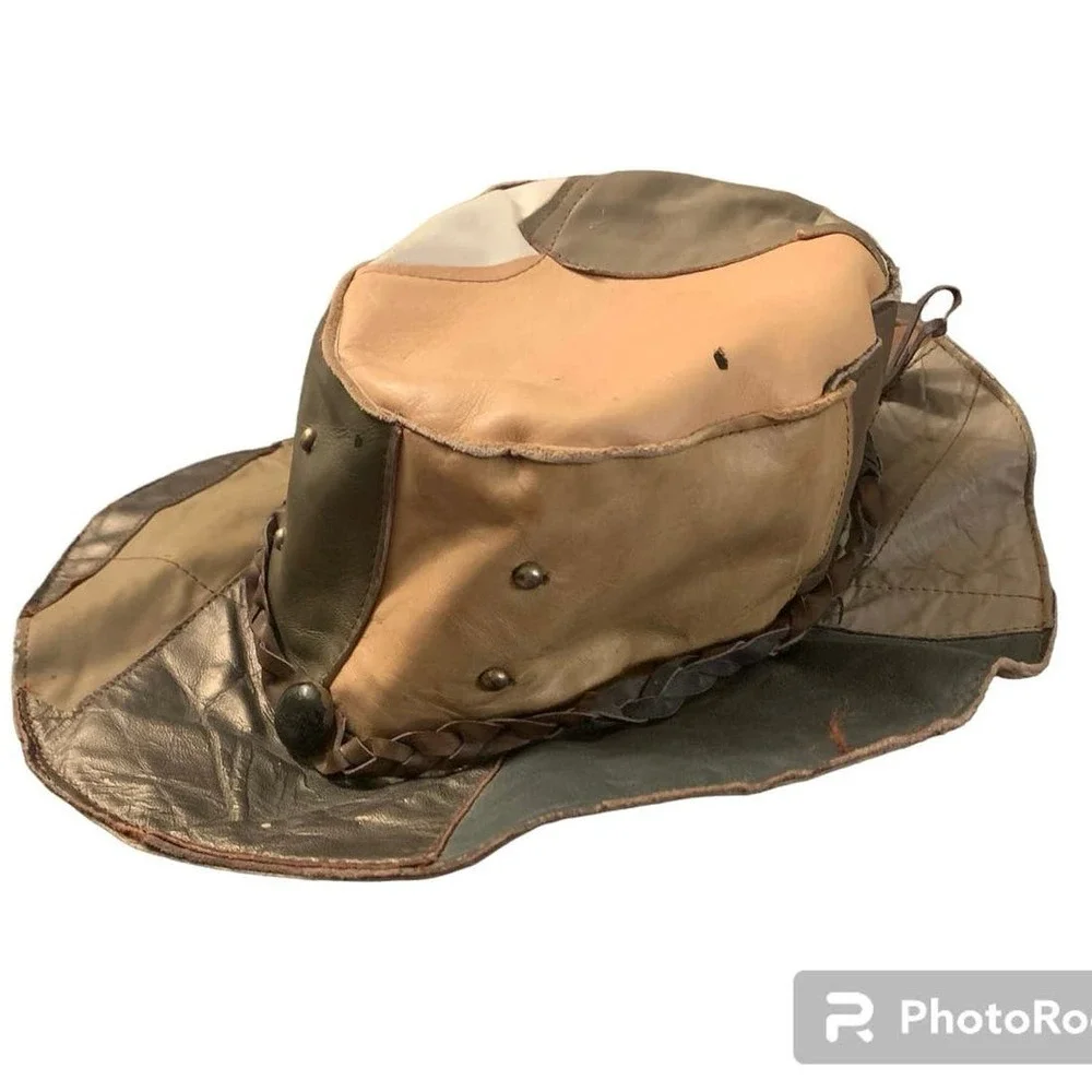 Vintage Genuine Leather Embellished Studded Patchwork Hat Brown Tan Green Cream